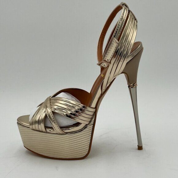 FSJ Gold Lines Strappy Open Toe Platform Ankle Strap High Metallic Heel Sandals - Picture 2 of 6